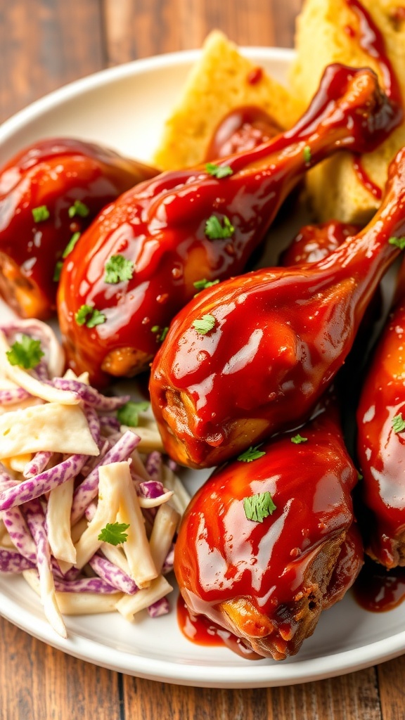 BBQ chicken drumsticks on a plate with coleslaw and cornbread, garnished with parsley.